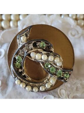 1920s 30s Vintage Mirror Lipstick Holder with Pearls & Rhinestones Goldtone